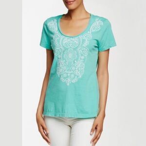 Johnny Was Women’s Short Sleeve Aqua Embroidered Shirt Size Small